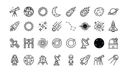 Modern line art icons representing various elements of space exploration astronomy and celestial bodies © ABDULLAH