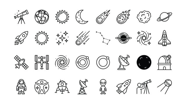 Modern line art icons representing various elements of space exploration astronomy and celestial bodies