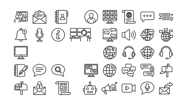 Modern digital communication and technology line art icons for web internet business and social media interfaces