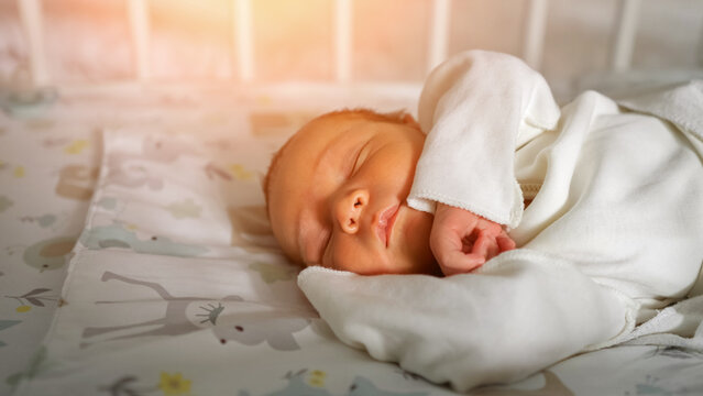 Newborn baby enjoying a calm and serene slumber wrapped in a white blanket, resting on an animal print sheet, showcasing innocence, new life, and the gentle beginnings of childhood
