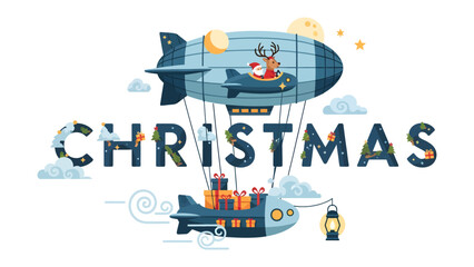 Christmas Airships Adventure: Whimsical airships carrying Santa and reindeer embark on a magical Christmas journey, with gifts and lanterns, set against a festive sky with stars and clouds. © abidakhatun