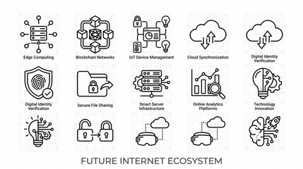 Obraz premium Future Internet Ecosystem Thin Line Art Icon Pack with Labels for Edge Computing, Blockchain Networks, Cloud Synchronization, Digital Identity Verification, and Technology Innovation Outline Vector