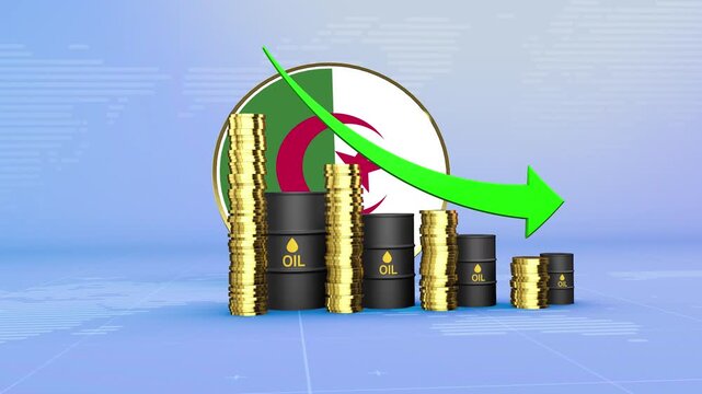 Algeria Oil Prices Decline with Oil Barrels, Gold Coins and Downward Green Arrow, 3D Economic and Financial Market Concept