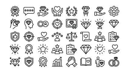 Obraz premium Black line icons of awards hearts stars diamonds and hands on white background for graphic design business and quality concepts