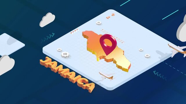 Isometric 3D Render of Jamaica Map with Red Location Pin Pointer and Floating Airplanes