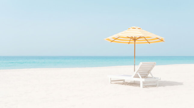 Empty wooden lounge chair with striped umbrella on white sand beach facing clear blue ocean water.
