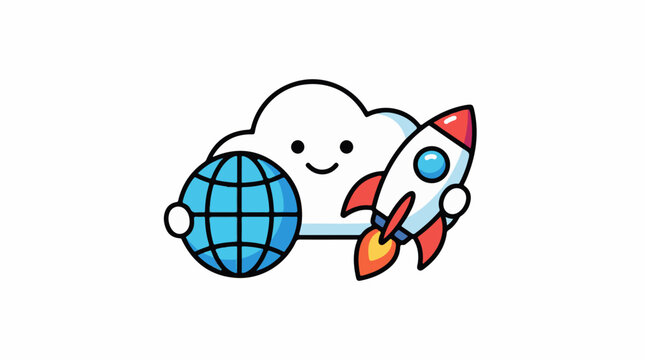 A cartoon cloud with a smiling face holds a blue globe and propels a rocket