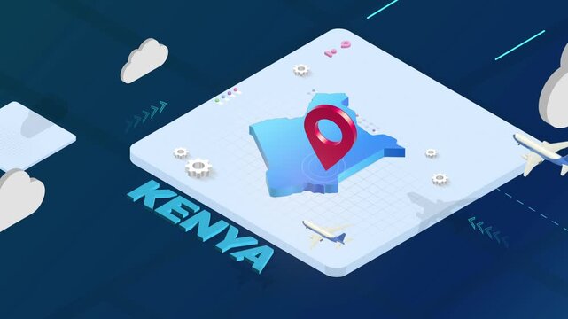 Isometric 3D Render of Kenya Map with Red Location Pin Pointer and Floating Airplanes