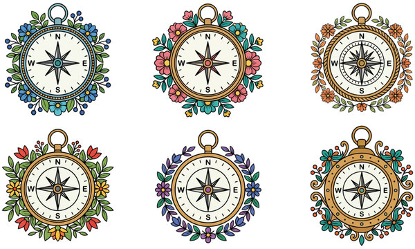Six vintage style compasses are arranged in a grid each framed with colorful floral and leafy embellishments showcasing navigational directions flower travel adventure exploration vintage compass