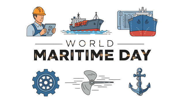 World Maritime Day Celebration: A visual tribute to global maritime industry, featuring cargo ships, a port worker, ship propeller, anchor, and gear. Celebrating seafaring and trade