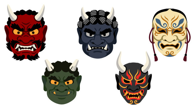 Japanese oni demon mask set with red blue green black and hannya masks featuring horns and fangs for traditional folklore festival tattoo and Halloween design. Flat vector illustration