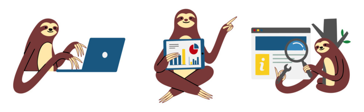 Funny sloth developer set with sloth coding on laptop, presenting data analytics on tablet and fixing website with tools for slow work programming and tech humor concept. Flat vector illustration