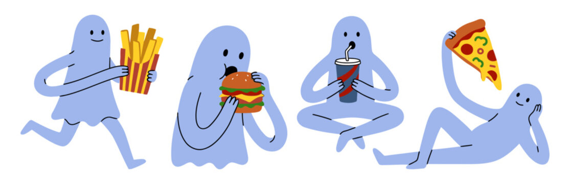 Funny ghost fast food set with cute boo eating french fries, burger, drinking soda and holding pizza slice for junk food lover Halloween and snack party concept. Flat vector illustration