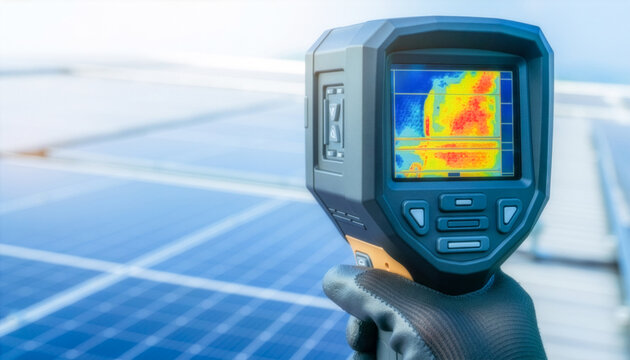 A close-up shot of a thermal imaging camera inspecting solar panels for defects on a roof.