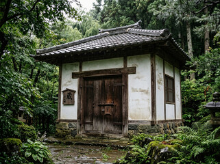 Traditional Japanese Kura Storehouse in Lush Forest Garden © Mechkour