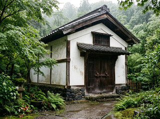 Traditional Japanese Kura Storehouse in Rain Forest Setting © Mechkour