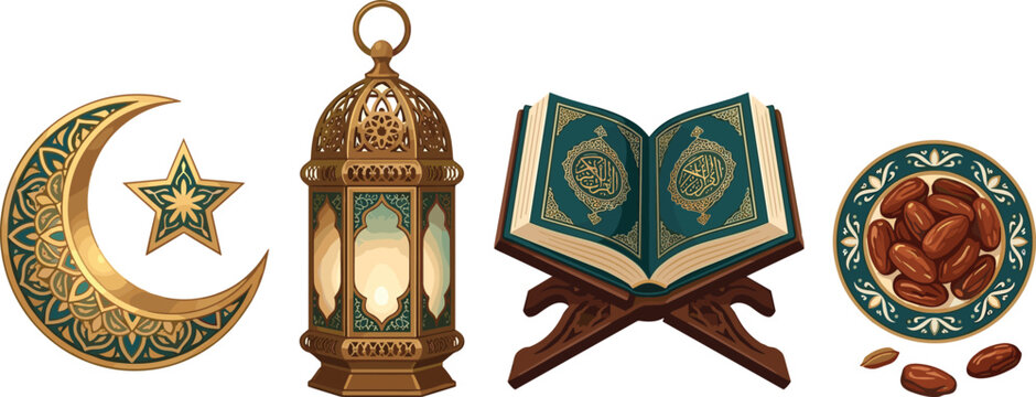 Islamic Ramadan Celebration Vector Illustration Set Featuring Crescent Moon Star Lantern Holy Quran on Stand and Plate of Dates