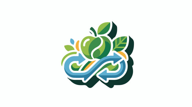 A stylized green apple with leaves and two interlocking blue arrows