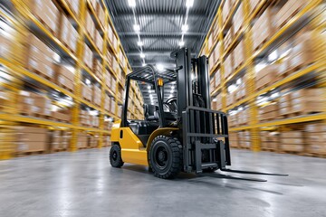 Naklejka premium Forklift Moving Through Organized Warehouse with Stacked Boxes Efficient Logistics and Storage System