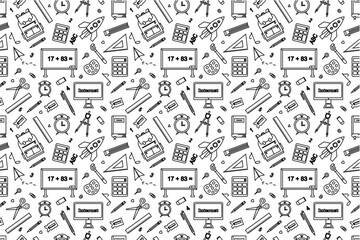 Fototapeta premium School themed doodles seamless pattern. School supplies pattern in doodle style. Back to school seamless pattern background. School elements doodle pattern background.