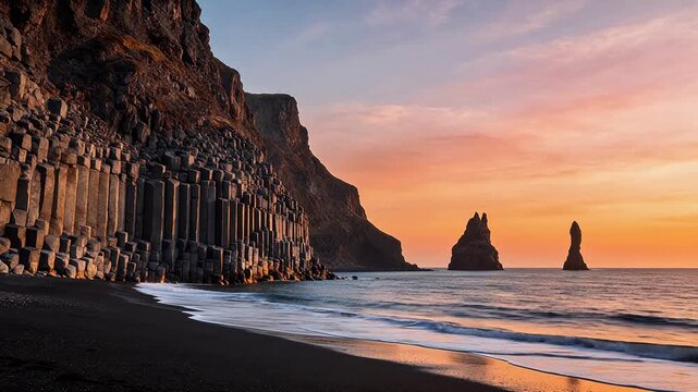 Beach with columnar basalt cliffs at sunset