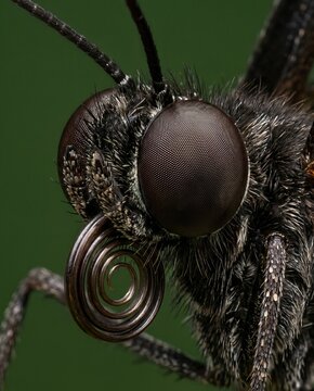 Head anatomy of lepidoptera showing compound eye and coiled proboscis