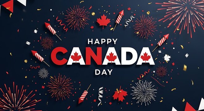Vibrant Canada Day celebration poster with fireworks and maple leaves on a dark blue background