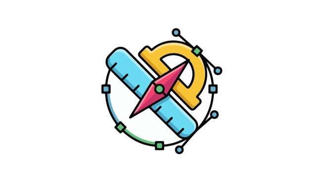 A colorful compass with a ruler and protractor in a circular frame