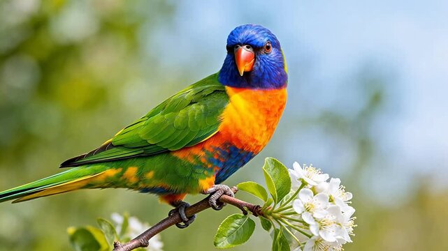 Colorful parrot perched on flower branch