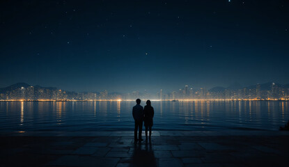 Fototapeta premium Silhouettes of a couple looking at a glowing city skyline across the water at night
