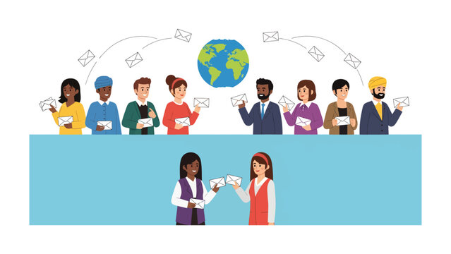 Global Communication Network: A diverse group of people from around the world are connected by a digital network, sending and receiving messages through the globe.