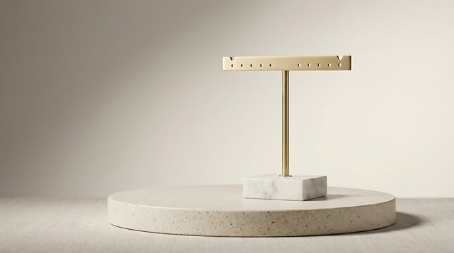 Minimalist gold earring display stand with marble base on a stone platform. minimalist earring holders