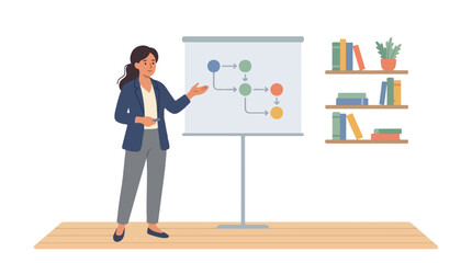 A professional woman stands by a whiteboard, pointing at a flowchart during a presentation in a room with bookshelves and a plant. © Ohim