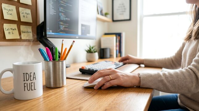Programmer working on complex coding project at home desk with computer screen and idea fuel coffee mug next to colorful sticky notes on wall in bright modern office environment