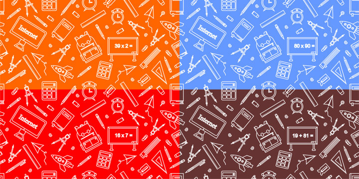 School themed doodles seamless pattern. School supplies pattern in doodle style. Back to school seamless pattern background. School elements doodle pattern background.