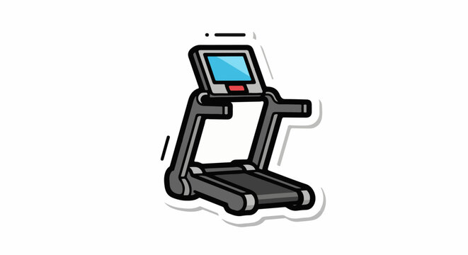 A gray treadmill with a blue screen and red button