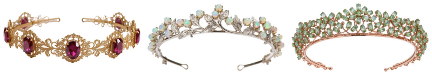 Three tiaras with gemstones, isolated on a white background © SportPNG