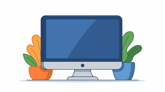 A computer monitor with two potted plants on either side