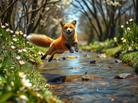 A red fox jumping over a stream.