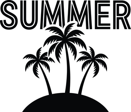Black and white stencil featuring the word s u m e r in bold outlined typography above a silhouette of three palm trees standing on a small rounded island shape on a white background