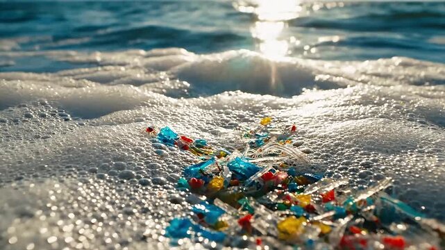 Close-up view of ocean foam containing microplastic particles illuminated by sparkling sunlight, highlighting marine pollution in a natural documentary-style environmental scene.