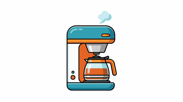 A colorful illustration of a coffee maker with a teal and orange design