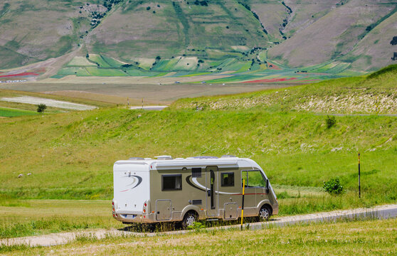 Motor home o camper van at beautiful panoramic road. Travel adventure vacation.	