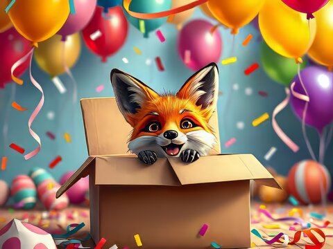 A fox peeking out of a cardboard box surrounded by colorful balloons and confetti.
