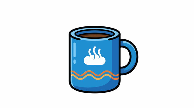 A blue coffee mug with a white steam icon and wavy orange lines