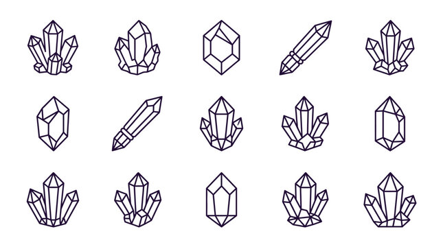 Geometric crystal and gemstone line icon set.