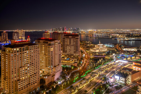Beautiful Aerial View of Pearl Qatar. Roundabout Pearl Qatar at sunset time.	