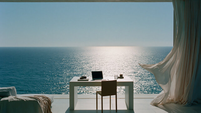 ultra wide open coastal workspace overlooking a massive blue ocean horizon, huge negative space and expansive sky