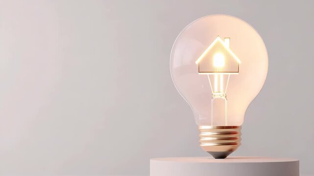 A light bulb has a house shape inside it. The light bulb sits on a stand. The house shape lights up, changing brightness. This shows ideas for home or design