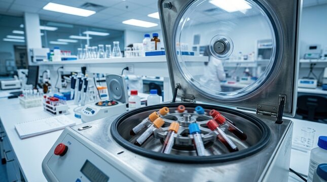 Centrifuge with blood sample tubes in clinical laboratory. Medical device for medical diagnosis and research testing. Modern chemical analysis equipment for health science experiment.